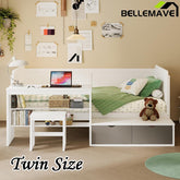 Bellemave® Twin Size Wooden Daybed with Storage Shelves and Lockers, Study Desk and Matching Stool - Bellemave